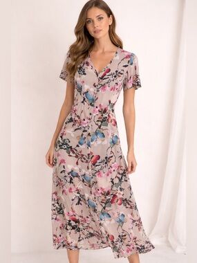 Entro Floral Butterfly Print Hi-Low Maxi Dress Size L Button Front